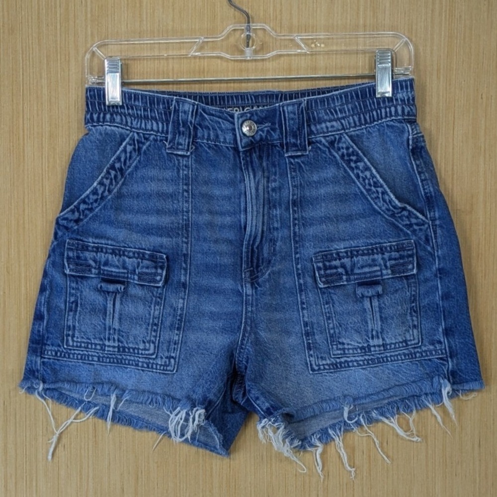 American Eagle Highest Rise 90s Boyfriend Shorts‎ Size 2 Blue Denim Cargo Frayed